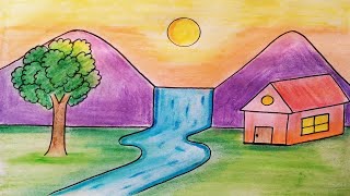 Easy landscape drawing for kids and beginnersLearn house and nature simple painting [upl. by Adnahcir]