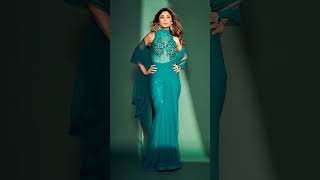 Shilpa Shetty steals the spotlight in a timeless yet trendy teal hybrid saree look shorts [upl. by Eanel]