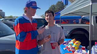 Boise State basketball player RJ Keene interviews fans prior to the Utah State football game [upl. by Ecnahs]