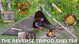 Solo Overnight Building a Reverse Tripod Tarp Tent in the Woods and Shrimp Alfredo [upl. by Aryt234]