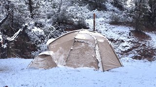 Solo Hot Tent Winter Camping in RAIN and SNOW Storm Wood Stove  ASMR [upl. by Llenrup807]