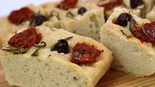 Focaccia Recipe with olives rosemary and sundried tomatoes [upl. by Acinom991]