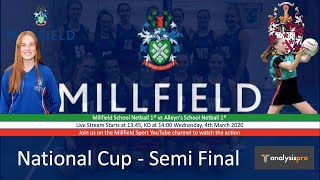 Millfield School Netball 1st vs Alleyns School Netball 1st  Semi Finals  040320 [upl. by Ahsilam]