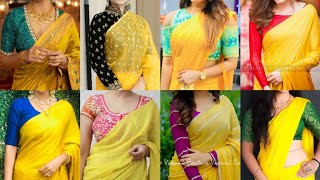 Yellow Saree Blouse Color Combination Ideas Yellow Saree Contrast Blouse Design Haldi Saree Blouse [upl. by Assirroc]