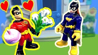 Imaginext Robin Tries to Surprise Batgirl with Flowers Toy Video [upl. by Ibor]