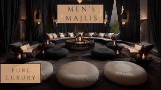 Formal Traditional Mens Majlis interior design in Dark tones with continues Arabic Dewaniya sofas [upl. by Dorlisa]