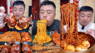 Mukbang  Eating Noodles Sauce Blck Boiled Egg Fried chicken thighs ​Frying Noodles Crispy Prok [upl. by Nevar]