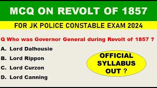 JKPCONSTABLE  MCQ ON REVOLT OF 1857  jkssbmcq TRENDINGMCQ [upl. by Agiaf]