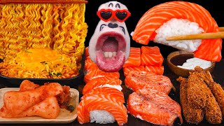 Amazing Homemade Mukbang Salmon Sushi Grilled Salmon Steak Cheese Ramen and Shrimp Tempura ASMR [upl. by Ahslek]