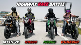 Yamaha Mt15 Vs Bajaj Ns200 Vs Ns200 Vs Ktm Duke 200 Drag Race [upl. by Childs361]