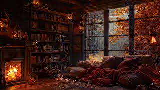 Peaceful Autumn Evening Fireplace and Gentle Rain 🌧️ Smooth Jazz at A Cozy Reading Nook Ambience [upl. by Niak]