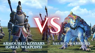 WARHAMMER III Total War  Armoured Kossars Great Weapons VS Saurus Warriors [upl. by Leitnahs135]