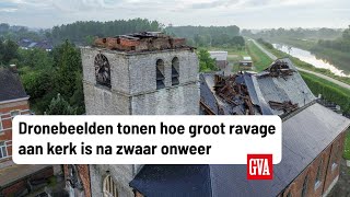 Dronebeelden tonen hoe groot ravage aan kerk is torenspits weggeblazen dak ingestort en vol puin [upl. by Rollet]