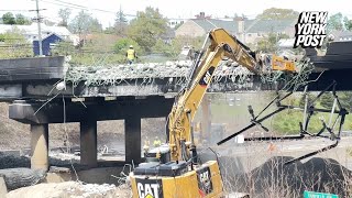 Demolition begins on I95 bridge after massive tanker fire sparking traffic nightmare [upl. by Assirroc]