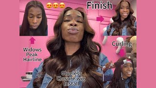 How to install 6x6 glueless HD closure wig with Ebin spray Plus barrel curl tutorial [upl. by Frasch711]