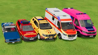 TRANSPORTING CARS AMBULANCE POLICE CARS FIRE TRUCK MONSTER TRUCK OF COLORS WITH TRUCKS  FS 22 [upl. by Sternberg]