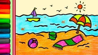 Tekenen en kleuren strand voor kinderen  Video educatief leer de kleuren voor kinderen [upl. by Adaynek]