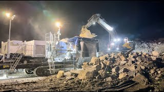 late night crushing with jonsson 1208 mobile jaw crusher Volvo ec530el excavator [upl. by Heger49]