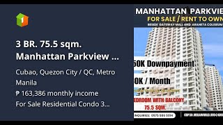 3 BR 755 sqm Manhattan Parkview  For saleRent to Own Condo in Araneta City beside Gateway Mall [upl. by Vander]