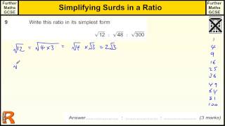 Simplifying Surds in a Ratio GCSE Further Maths revision Exam paper practice amp help [upl. by Gleeson]