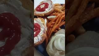 Triple smashburger with sweet potato fries and french fries eating show foodie mukbanglife [upl. by Natalia]