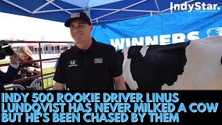 Indy 500 rookie driver Linus Lundqvist has never milked a cow but hes been chased by them [upl. by Atteroc]