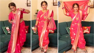 Marathi Style Saree Draping For Ganesh Chaturthi  Heavy Silk Saree Draping In Perfect Dhoti [upl. by Aleiram]