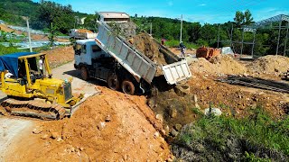 Small Project Completed 100 Landfill in Corner Dozer Pushes Cut Slope Road With 10 Wheels Trucks [upl. by Washington]