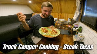 Solo Truck Camping in Gusty Winds  Cooking Steak Tacos in my Homemade Truck Camper [upl. by Louise171]