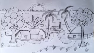 Gramer Drisso  Village Scenery  Pencil Drawing  Bangla Art [upl. by Myo]