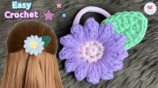 Very Easy ‼️Crochet Popcorn Stitch Flower Hair Tie  Crochet Tutorial [upl. by Yuk]