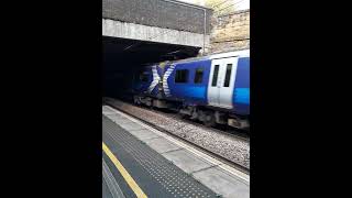 Scotrail Class 385025 crossing over Class 318251 at Cambuslang station on 2B82 to Lanark [upl. by Wolk]