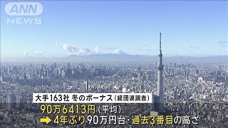 【速報】大企業の冬ボーナス 4年ぶり平均90万円台 調査以来3番目の高水準 経団連2023年12月26日 [upl. by Htrag]