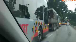 Lorry crane hits overhead bridge at Woodlands [upl. by Hayden912]