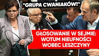 Tusk oburzony Sejm zagłosował Wotum nieufności wobec Leszczyny quotGrupa cwaniaków i kombinatorówquot [upl. by Ecinehs]