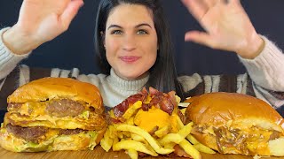 BIG JUICY BURGERS amp CHEESE BACON FRIES  MUKBANG  ASMR  EATING SOUNDS [upl. by Sivlek882]