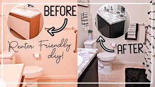 BATHROOM MAKEOVER UNDER 100 Renter Friendly  DIY COUNTERTOPS amp CABINETS [upl. by Anayhd]