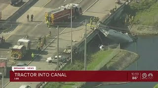 Fatal semitruck crash into canal closing lanes on Floridas Turnpike in west Boynton Beach [upl. by Ellek]