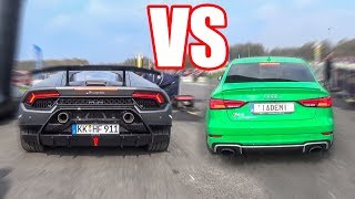 AUDI RS3 vs RS6 vs HURACAN PERFORMANTE DRAG RACE [upl. by Nerval]