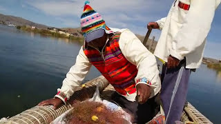 Expert Fishing on Totora Grass Boats Lake Titicaca Uros Floating Islands  Puno Peru [upl. by Jevon]