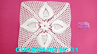 Como tejer el Cuadrado N° 31 calado a crochet en punto hojas en relieves para colchas y cojines [upl. by Anirahc309]