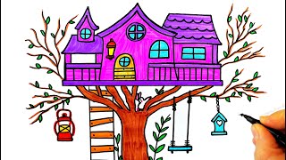 Ağaç Ev Çizimi  Ağaç Ev Nasıl Çizilir  How To Draw a Tree House  Kolay Ağaç Ev Çizimi [upl. by Eirotal954]