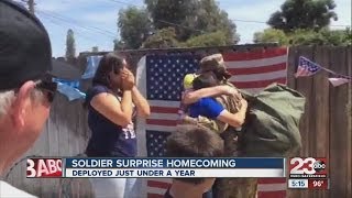 SURPRISE REUNION Watch a Bakersfield soldier returning home to family BBQ [upl. by Baiel217]