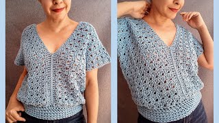 Blusa a crochet con cuello en V para mujer ¡SÚPER FÁCIL y paso a paso [upl. by Shaikh]