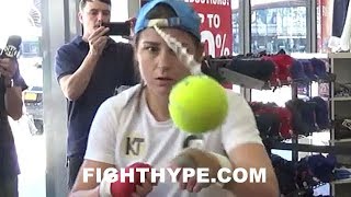 KATIE TAYLOR DISPLAYS CATLIKE REFLEXES AND FOCUS USING TENNIS BALL HAT [upl. by Rilda]