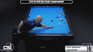 2018 US Open One Pocket Championship Paul Marquez vs Dee Atkins [upl. by Ateekram]