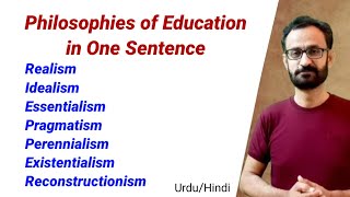 Philosophies of Education in one sentence  Realism Essentialism Pragmatism Progressivism [upl. by Wilhide754]