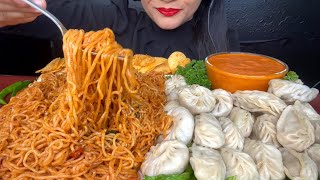 ASMR EATING SPICY NOODLESCHICKEN MOMOVEG MOMOLAYS CHIPS FOODVIDEOS [upl. by Laurens629]