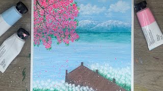 Acrylic Painting for Beginners  A Peaceful Morning Over Lake Scenery Painting [upl. by Riba108]