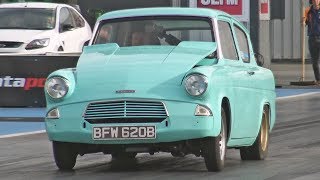 Duratec w Nitrous Ford Anglia 105e at Santa Pod Raceway [upl. by Anivek239]